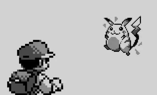 Capture d'écran de pokémon Rouge illustrant la rencontre d'un Pikachu dans la forêt de Jade